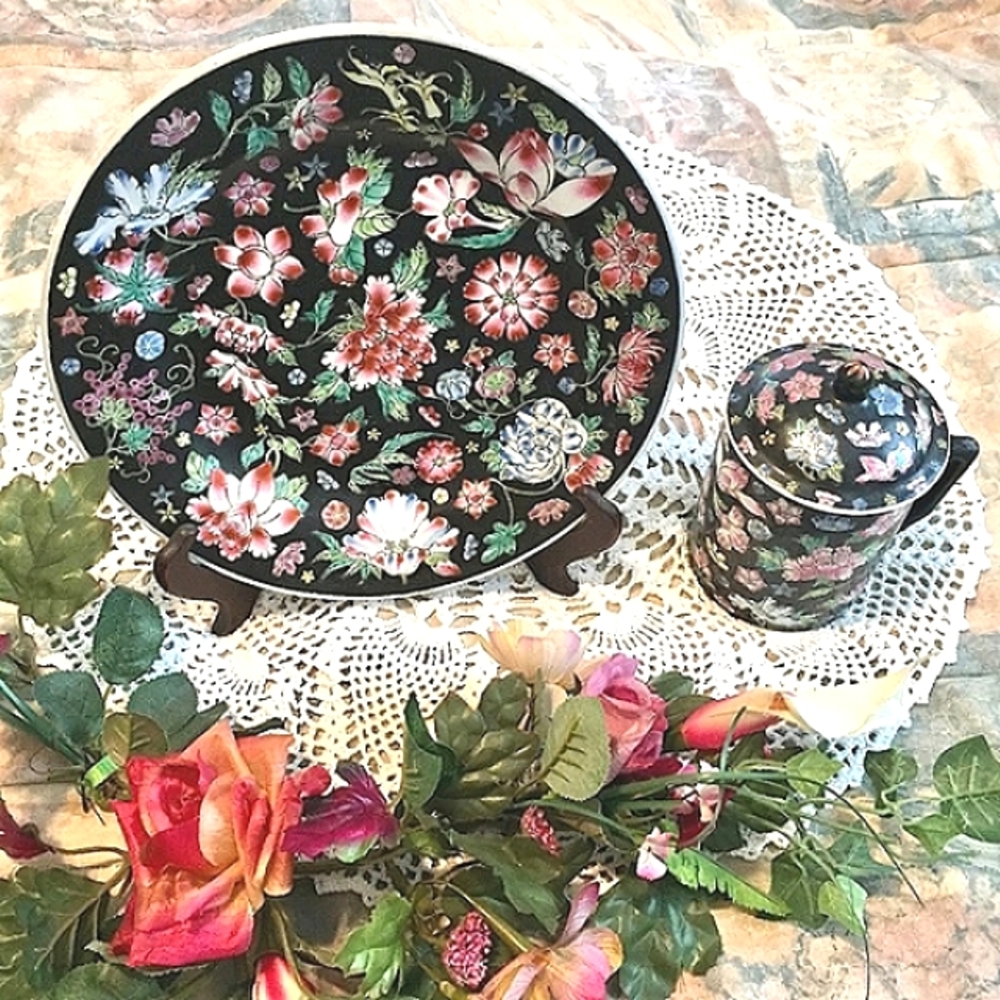 🖤Vintage Cloisonné Black Floral Plate & Cup🖤